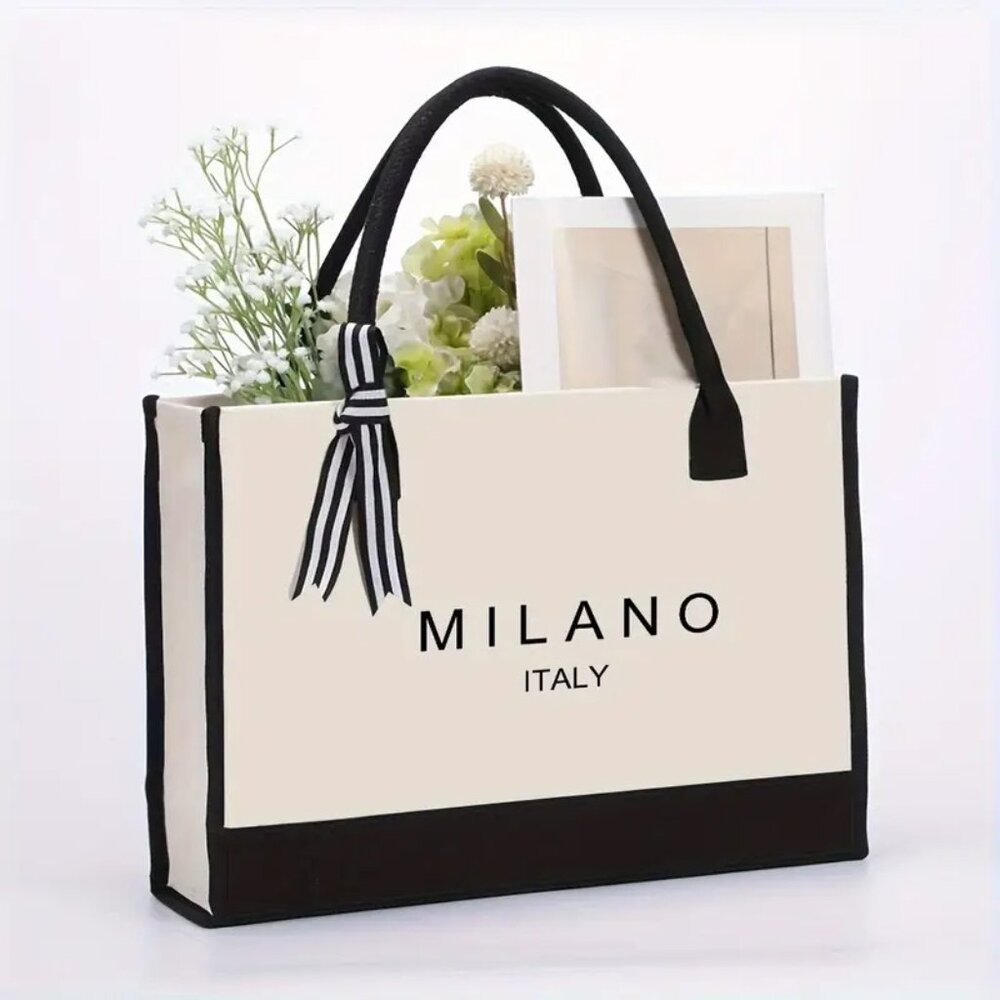 ๐Milano Italy Print Canvas Tote Bag w/ Bow Capacity, Waterproof - Picture 4 of 8